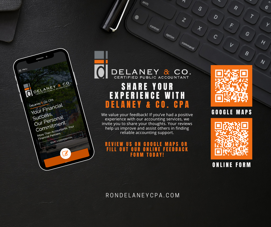 QR codes linking to the DeLaney & Co. CPA Google Maps review page and online feedback form